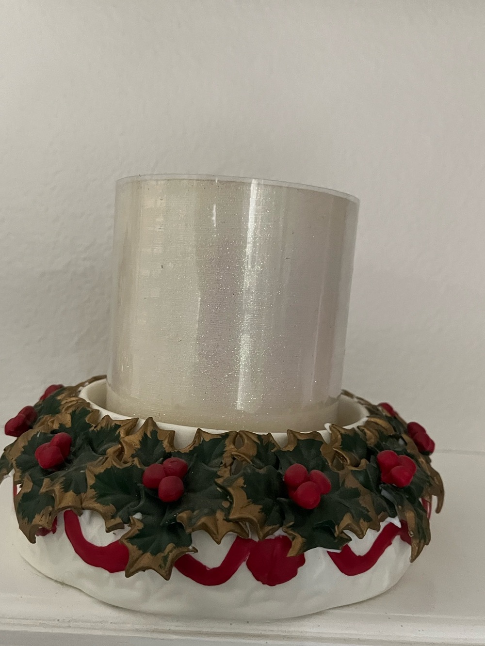 Holiday Holly Candle Ring with White Glitter Pillar Candle